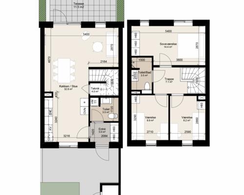 Dejligt 4-værelses rækkehus i 2-plan. Værelserne er placeret på 1. sal. Obs. alle billeder, plantegninger og visualiseringer er vejledende. Denne bolig er spejlvendt ift. plantegningen.