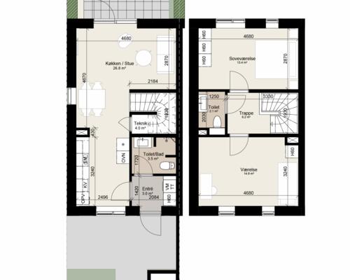 Stort 3-værelses rækkehus i 2-plan. Obs. alle billeder, plantegninger og visualiseringer er vejledende. Denne bolig er spejlvendt ift. plantegningen.