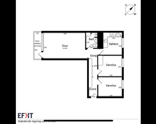 3 værelses lejlighed på 73m2