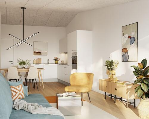 Rummeligt 3-værelses rækkehus med en skøn terrasse. Obs. alle billeder og plantegninger er vejledende. Denne bolig er spejlvendt ift. plantegningen.