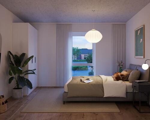 Rummeligt 3-værelses rækkehus med en skøn terrasse. Obs. alle billeder og plantegninger er vejledende. Denne bolig er spejlvendt ift. plantegningen.