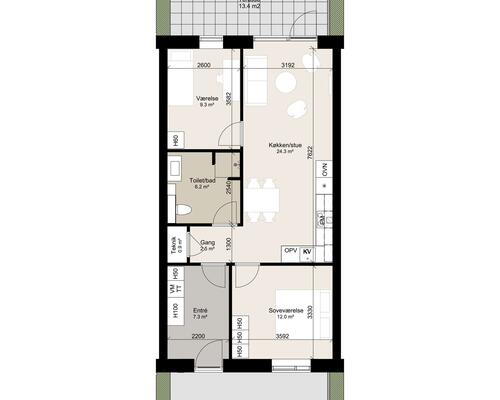 Rummeligt 3-værelses rækkehus med en skøn terrasse. Obs. alle billeder og plantegninger er vejledende. Denne bolig er spejlvendt ift. plantegningen.