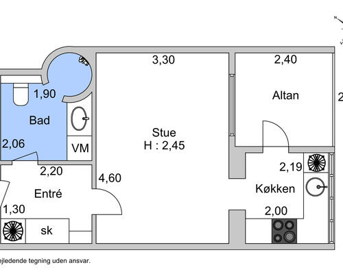 Stor 1-værelses lejlighed på 49 m²