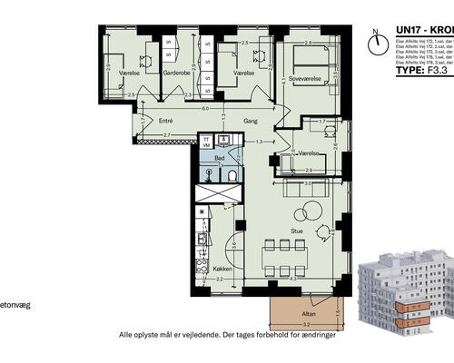 Kronen i UN17 Village - Fokus på det sunde liv - Stor 5 vær. familiebolig med altan