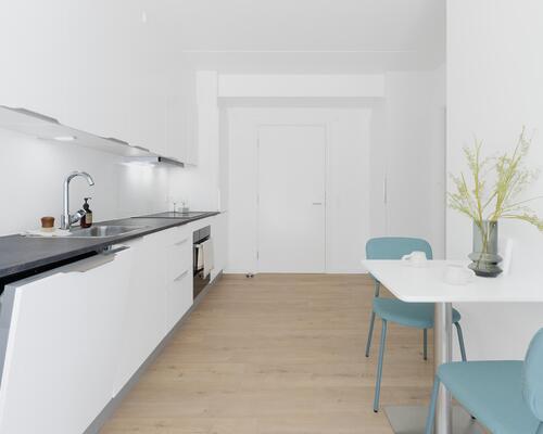 Velindrettet toværelses lejlighed med køkken og stue i ét, soveværelse, stilrent badeværelse samt egen altan eller terrasse. Til boligen hører eget skur.