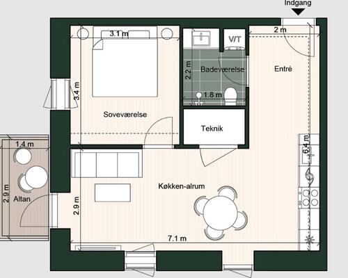 1 værelses lejlighed i Odense C