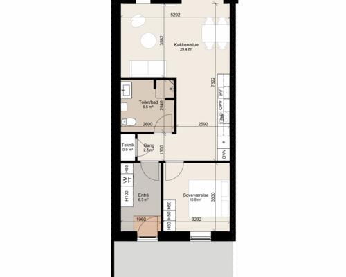 Lækkert 2-værelses rækkehus med god indretning. Obs. alle billeder, plantegninger og visualiseringer er vejledende. Denne bolig er spejlvendt ift. plantegningen.