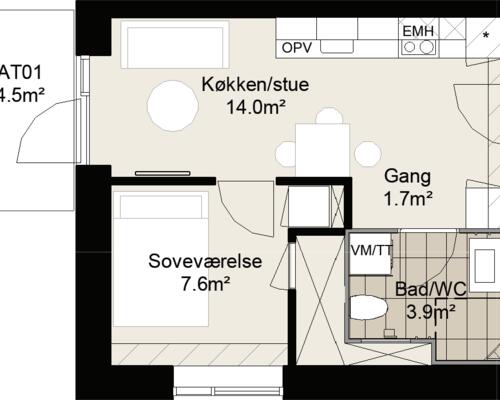 Velindrettet toværelses lejlighed med køkken og stue i ét, soveværelse, stilrent badeværelse samt egen altan eller terrasse. Til boligen hører eget skur.