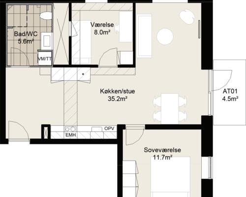 Større treværelses lejlighed med et centralt køkken-alrum i åben forlængelse med stuen. Lejligheden har et stort soveværelse samt et mindre værelse, bad og altan/terrasse. Til boligen hører eget skur.