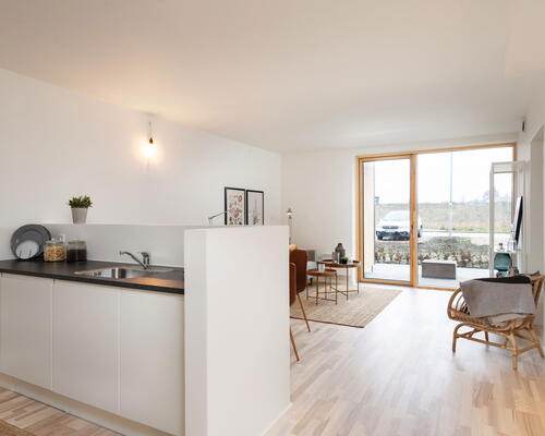 Moderne bolig med tre værelser og privat terrasse. Skræddersyet til dig over 50 år uden hjemmeboende børn