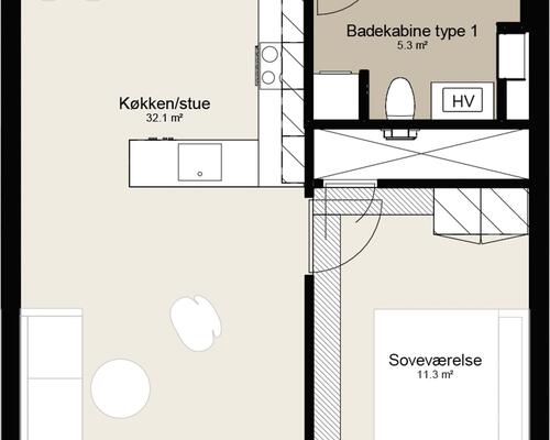 Ny toværelses lejlighed med stort køkken-alrum og alt i hårde hvidevarer. Lejligheden har egen altan. Til boligen hører eget skur.