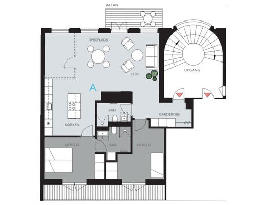 Kæmpe terrasse, altan og 2 badeværelser midt i indre by