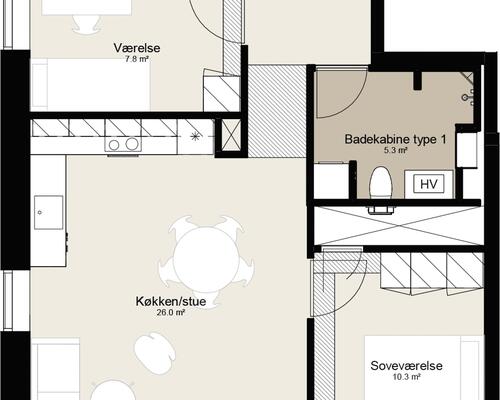 Skøn fireværelses lejlighed med lyst køkken-alrum og stue, reelle værelser, bad, entré og egen altan. Til boligen hører eget skur.