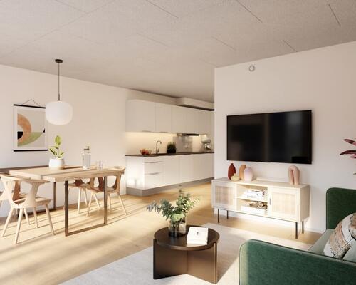 Lækkert 2-værelses rækkehus med gulvvarme og ventilationsanlæg. Obs. Alle billeder, visualiseringer og plantegninger er vejledende.