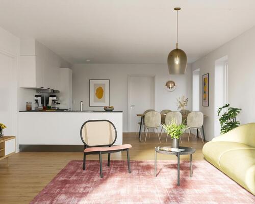 Rummelig fireværelses lejlighed med stort køkken-alrum, gode værelser, stilrent bad og egen altan. Til boligen hører eget skur.