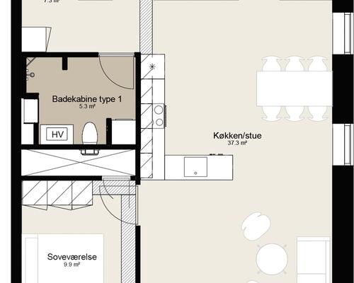 Rummelig fireværelses lejlighed med stort køkken-alrum, gode værelser, stilrent bad og egen altan. Til boligen hører eget skur.