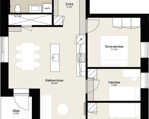 Lys fireværelses lejlighed med plads til hele familien. Lejligheden indeholder alt i hårde hvidevarer og egen altan. Til boligen hører eget skur.