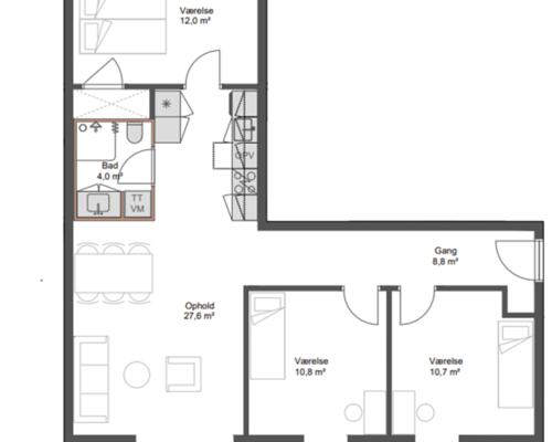 Nyopført 4-værelses lejlighed i Brokvarteret