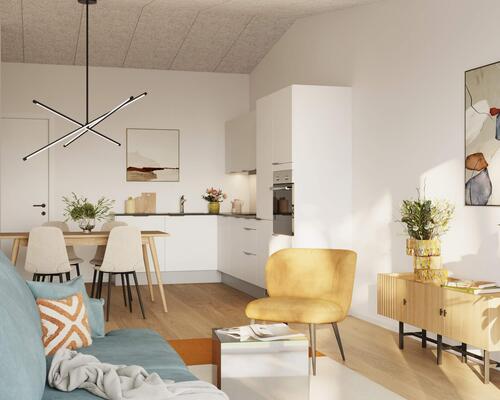 Lyst og lækkert treværelses rækkehus med alt i hårde hvidevarer og egen terrasse. Denne bolig har privat parkeringsplads. Obs. Denne bolig er spejlvendt ift. plantegningen.