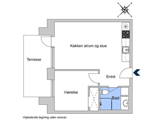 Flot 2 vær. lejlighed med stor terrasse og ekstra højt til loftet<br>