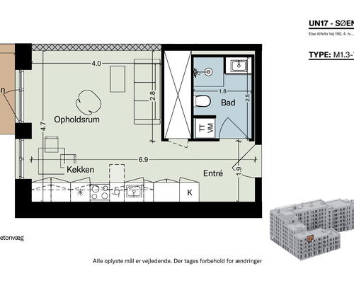 UN17 Søen - Velindrettet 1 vær. lejebolig med  vestvendt altan– god studiebolig med kig til Fælledens smukke natur