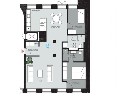 Eksklusiv lejebolig med 2 badeværelser og direkte udgang til gården