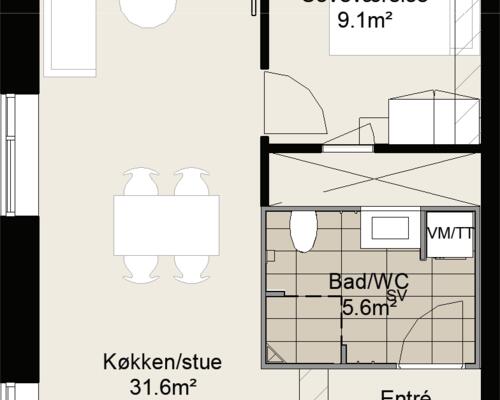 Større toværelses lejlighed med stort og lyst køkken-alrum, stort soveværelse, badeværelse, entré samt egen altan/terrasse. Til boligen hører eget skur.