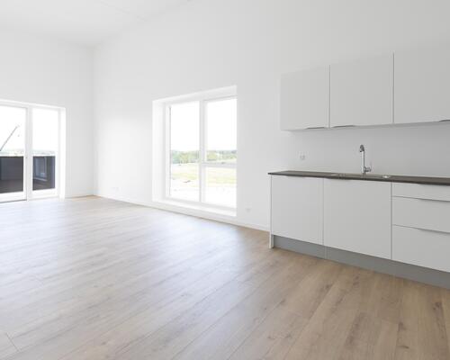 Skøn toværelses lejlighed med et stort leverum i form af køkken og stue i ét i åben forbindelse med egen altan. Lejligheden har et rummeligt soveværelse og et stilrent bad. Til boligen hører eget skur.