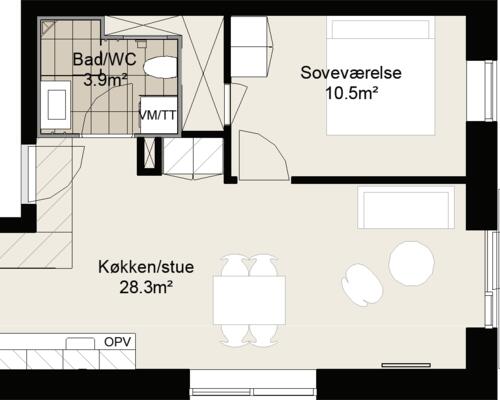 Skøn toværelses lejlighed med et stort leverum i form af køkken og stue i ét i åben forbindelse med egen altan. Lejligheden har et rummeligt soveværelse og et stilrent bad. Til boligen hører eget skur.