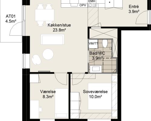 Lækker treværelses lejlighed med køkken-alrum, to værelser, badeværelse, entré samt egen altan.