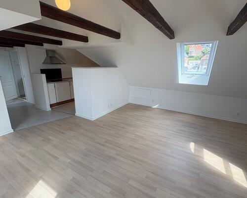 Flot 3. værelses lejlighed med udsigt, synlige bjælker samt delevenlig.