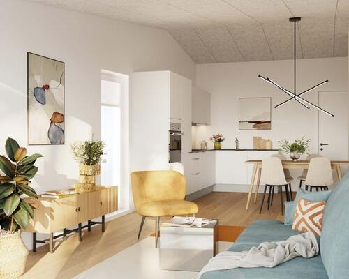 3-værelses rækkehus med egen terrasse. Obs. alle billeder, plantegninger og visualiseringer er vejledende.