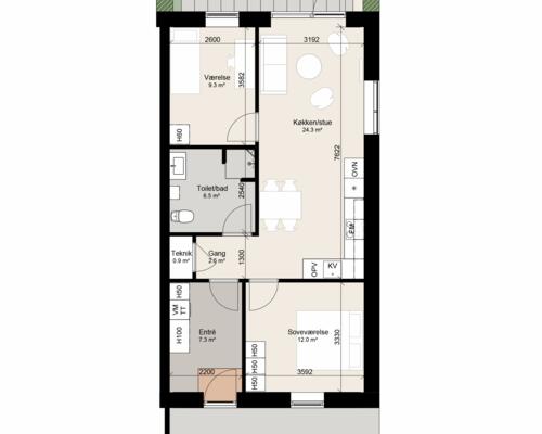 3-værelses rækkehus med egen terrasse. Obs. alle billeder, plantegninger og visualiseringer er vejledende.