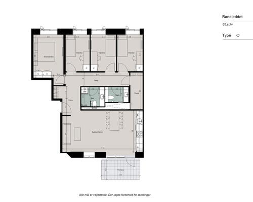 Stor 5-værelses lejlighed med god planløsning, to toiletter, gulvarme i hele boligen og egen terrasse - Ingen bindingsperiode!