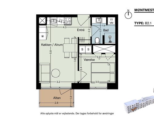 Møntmesterhus – Flot 2-værelses lejlighed med altan samt flere fælles tagterrasser