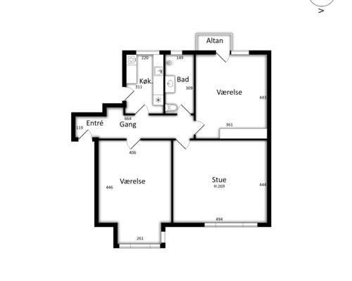 3 værelses lejlighed på 100 m²