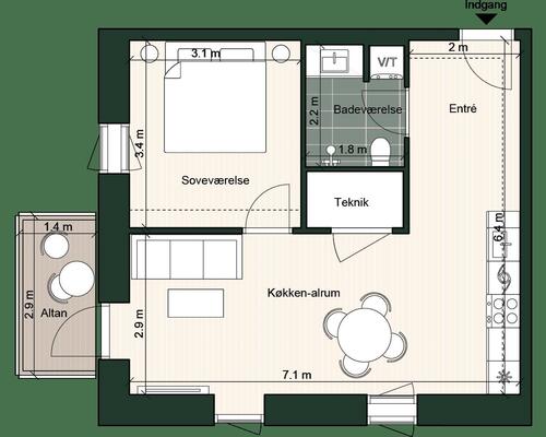 1 værelses lejlighed i Odense C