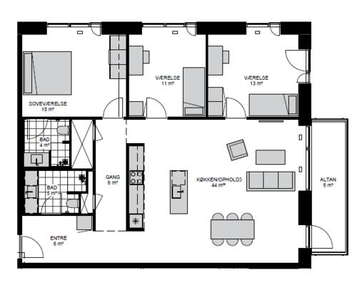 Lys og rummelig 4-værelses med køkkenø