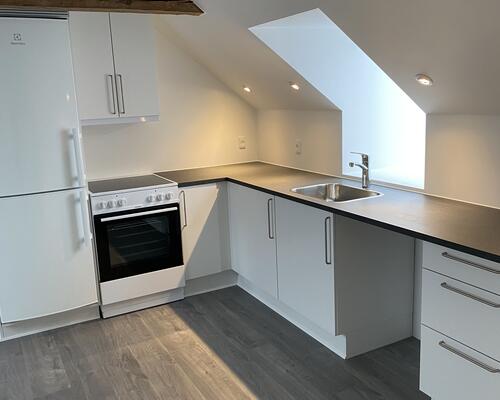 Renoveret lejlighed med stor altan.