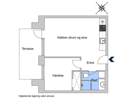 Flot 2 vær. lejlighed med stor terrasse og ekstra højt til loftet<br>
