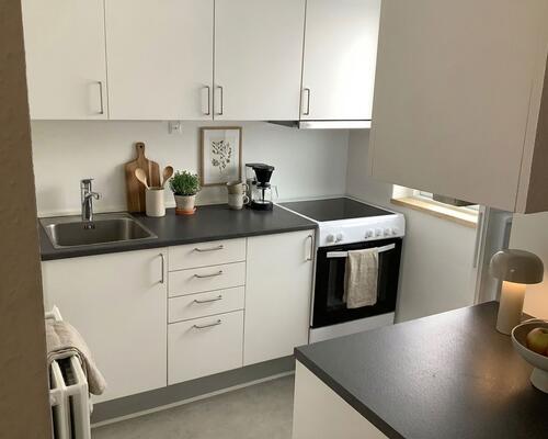 Lyst og velindrettet 2-værelses rækkehus med terrasse og parkering – tæt på indkøb, bus og idrætstilbud