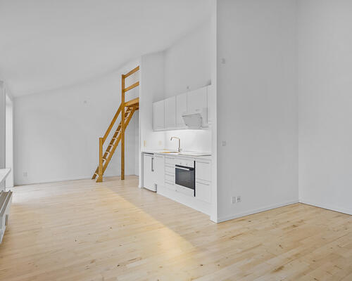 Stor 1-værelses lejlighed på 59 m² med hems.