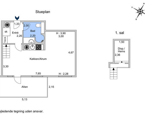 Stor 1-værelses lejlighed på 59 m² med hems.