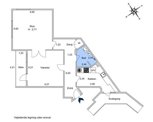Stor 2 værelses lejlighed på 87 m²