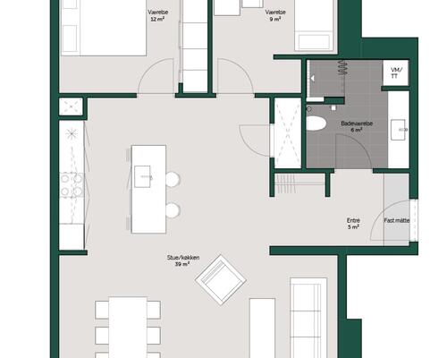 3 værelses lejlighed på 90 m²