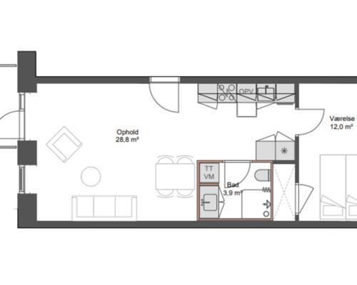 Nyopført 2-værelses lejlighed i Brokvarteret