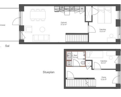 Nyopført 3-værelses townhouse i to plan i Brokvarteret