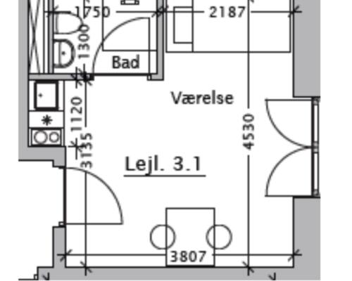 1-værelses studie lejlighed udlejes på Frederiksberg.