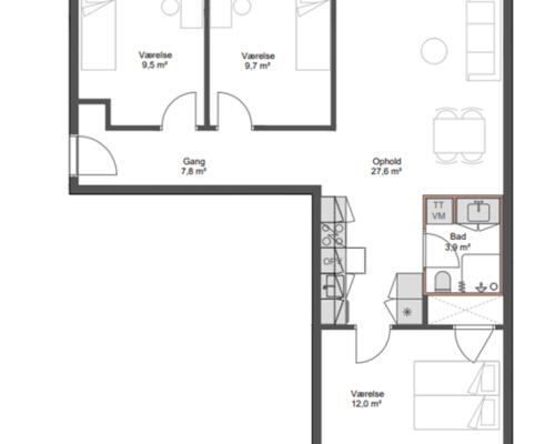 Nyopført 4-værelses lejlighed i Brokvarteret med depotrum