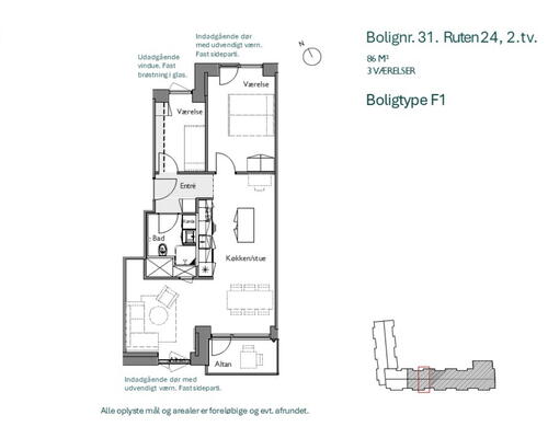 Lys og rummelig 3-værelses lejlighed med altan